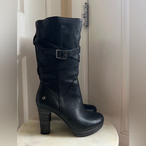 UGG Jardin Platform Boots Black Leather Buckle Straps Side Zip - Picture 2 of 12